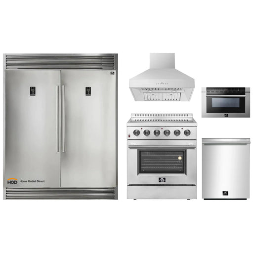 Forno 5-Piece Appliance Package - 30-Inch Electric Range, Wall Mount Range Hood, Pro-Style Refrigerator, Dishwasher, and Microwave Drawer in Stainless Steel FORNO