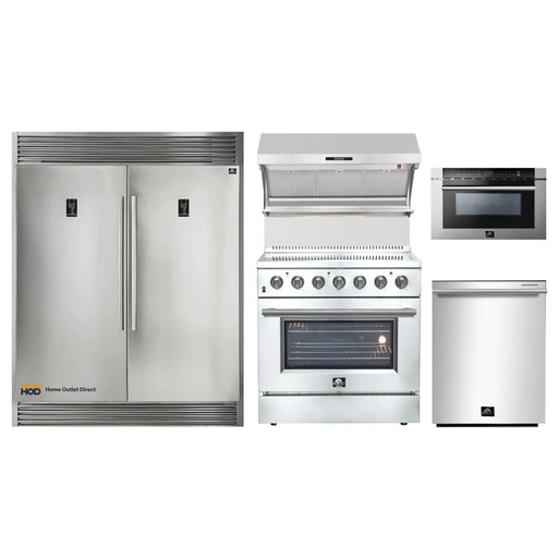 Forno 5-Piece Appliance Package - 36-Inch Electric Range, Wall Mount Range Hood with Backsplash, Pro-Style Refrigerator, Dishwasher, and Microwave Drawer in Stainless Steel FORNO