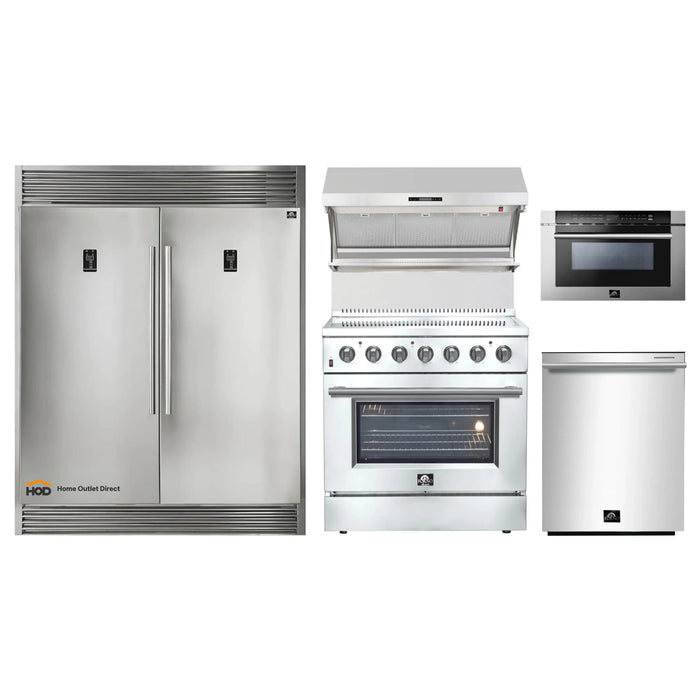 Forno 5-Piece Appliance Package - 36-Inch Electric Range, Wall Mount Range Hood with Backsplash, Pro-Style Refrigerator, Dishwasher, and Microwave Drawer in Stainless Steel FORNO