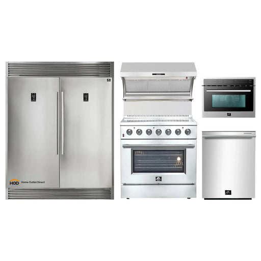 Forno 5-Piece Appliance Package - 36-Inch Electric Range, Wall Mount Range Hood with Backsplash, Pro-Style Refrigerator, Dishwasher, and Microwave Oven in Stainless Steel FORNO