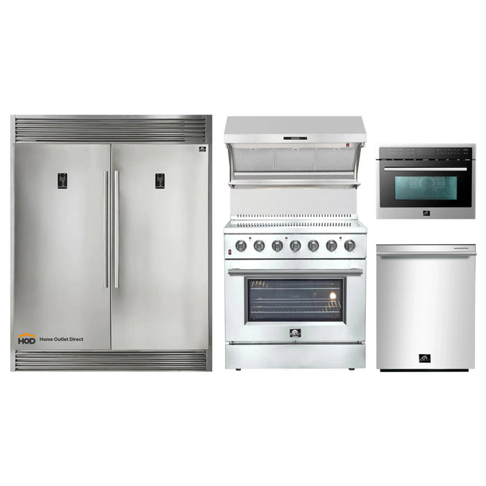Forno 5-Piece Appliance Package - 36-Inch Electric Range, Wall Mount Range Hood with Backsplash, Pro-Style Refrigerator, Dishwasher, and Microwave Oven in Stainless Steel FORNO