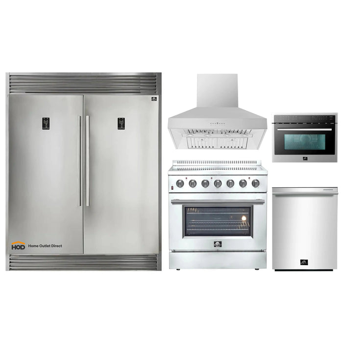 Forno 5-Piece Appliance Package - 36-Inch Electric Range, Wall Mount Range Hood, Pro-Style Refrigerator, Dishwasher, and Microwave Oven in Stainless Steel FORNO