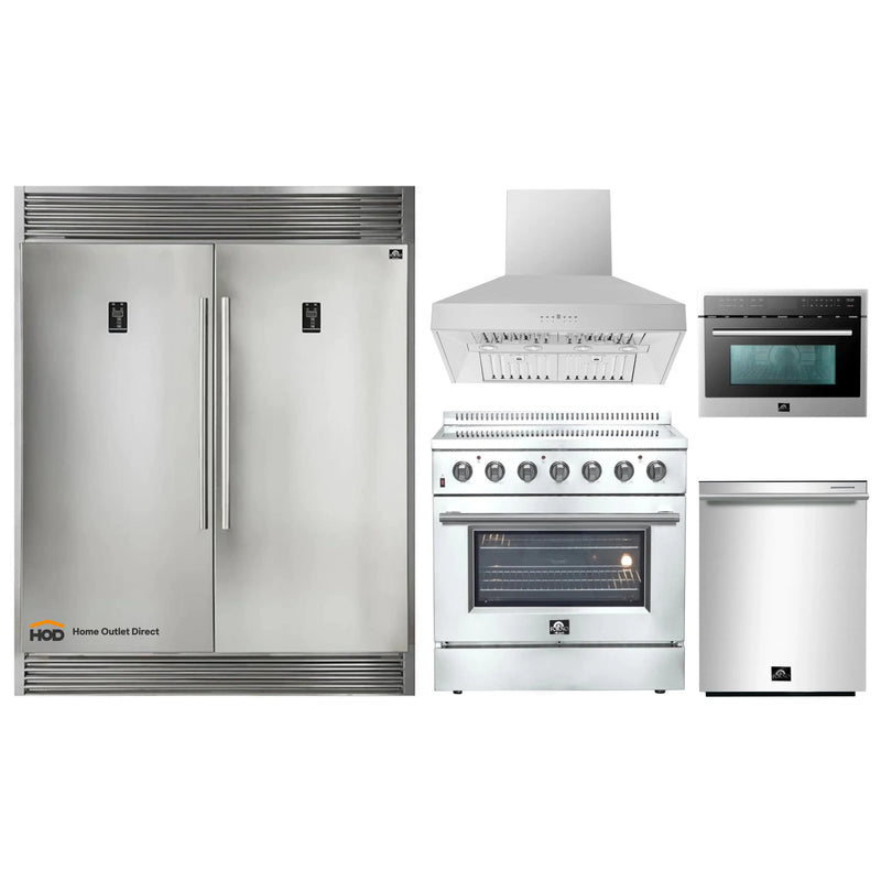 Forno 5-Piece Appliance Package - 36-Inch Electric Range, Wall Mount Range Hood, Pro-Style Refrigerator, Dishwasher, and Microwave Oven in Stainless Steel