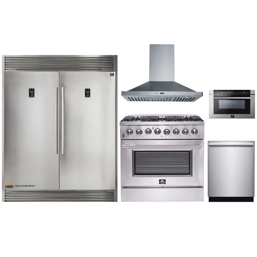 Forno 5-Piece Appliance Package - 36-Inch Dual Fuel Range, 56-Inch Pro-Style Refrigerator, Wall Mount Hood, Microwave Drawer, & 3-Rack Dishwasher in Stainless Steel FORNO
