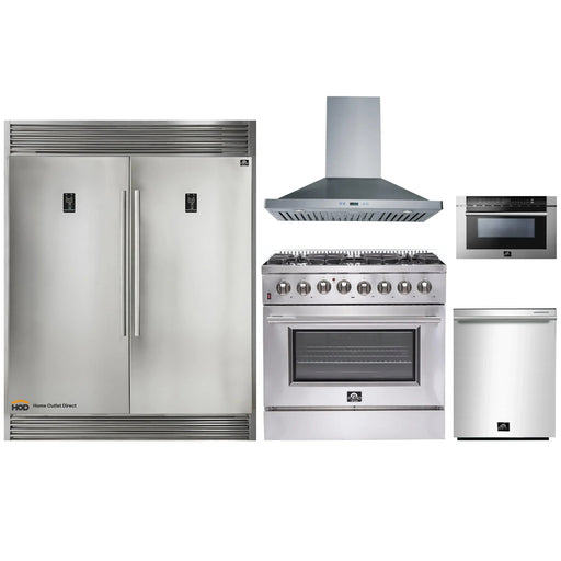 Forno 5-Piece Appliance Package - 36-Inch Dual Fuel Range, 56-Inch Pro-Style Refrigerator, Wall Mount Hood, Microwave Drawer, & 3-Rack Dishwasher in Stainless Steel FORNO