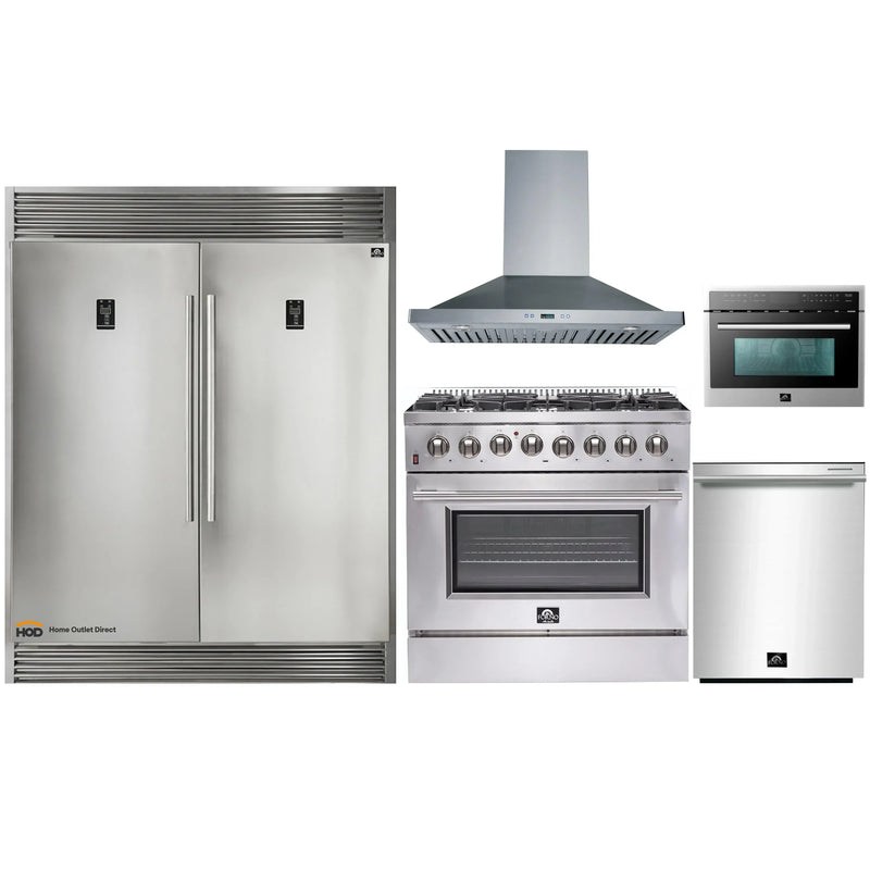 Forno 5-Piece Appliance Package - 36-Inch Dual Fuel Range, 56-Inch Pro-Style Refrigerator, Wall Mount Hood, Microwave Oven, & 3-Rack Dishwasher in Stainless Steel