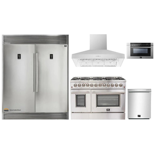 Forno 5-Piece Appliance Package - 48-Inch Dual Fuel Range, 56-Inch Pro-Style Refrigerator, Wall Mount Hood, Microwave Drawer, & 3-Rack Dishwasher in Stainless Steel FORNO