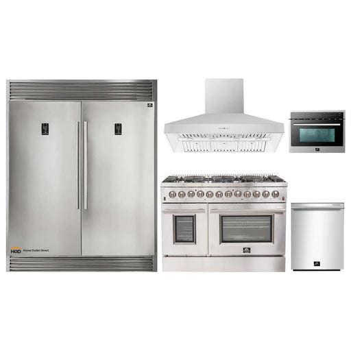 Forno 5-Piece Appliance Package - 48-Inch Dual Fuel Range, 56-Inch Pro-Style Refrigerator, Wall Mount Hood, Microwave Oven, & 3-Rack Dishwasher in Stainless Steel FORNO