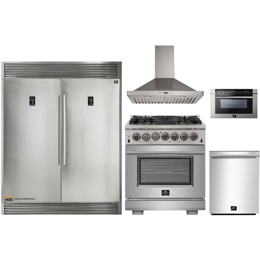 Forno 5-Piece Pro Appliance Package - 30-Inch Dual Fuel Range, 56-Inch Pro-Style Refrigerator, Wall Mount Hood, Microwave Drawer, & 3-Rack Dishwasher in Stainless Steel FORNO