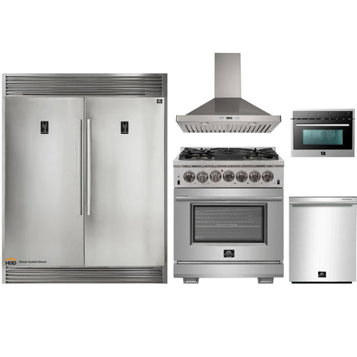 Forno 5-Piece Pro Appliance Package - 30-Inch Dual Fuel Range, 56-Inch Pro-Style Refrigerator, Wall Mount Hood, Microwave Oven, & 3-Rack Dishwasher in Stainless Steel FORNO