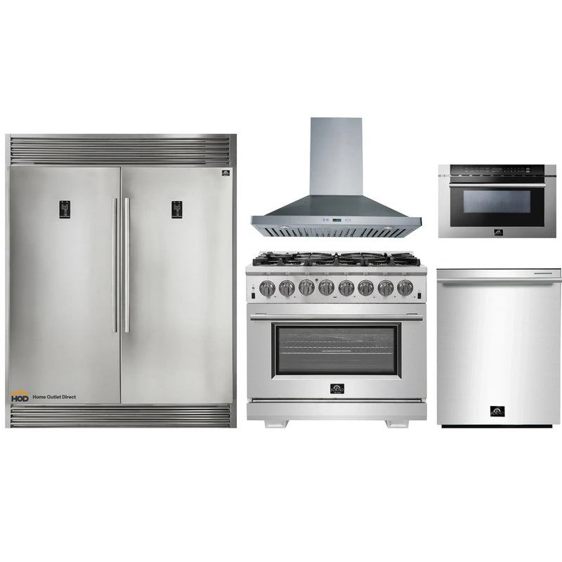 Forno 5-Piece Pro Appliance Package - 36-Inch Dual Fuel Range, 56-Inch Pro-Style Refrigerator, Wall Mount Hood, Microwave Drawer, & 3-Rack Dishwasher in Stainless Steel