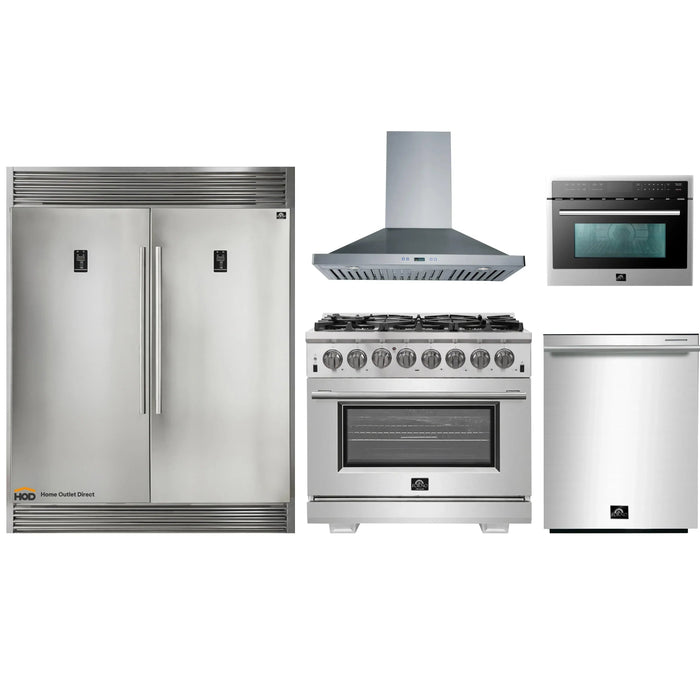 Forno 5-Piece Pro Appliance Package - 36-Inch Dual Fuel Range, 56-Inch Pro-Style Refrigerator, Wall Mount Hood, Microwave Oven, & 3-Rack Dishwasher in Stainless Steel FORNO