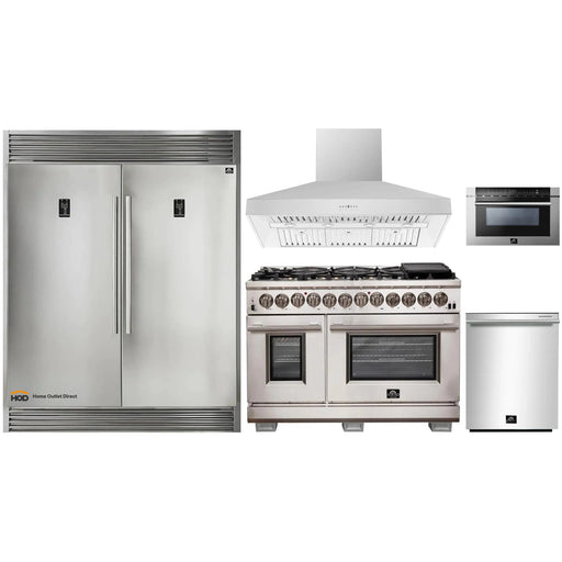 Forno 5-Piece Pro Appliance Package - 48-Inch Dual Fuel Range, 56-Inch Pro-Style Refrigerator, Wall Mount Hood, Microwave Drawer, & 3-Rack Dishwasher in Stainless Steel FORNO