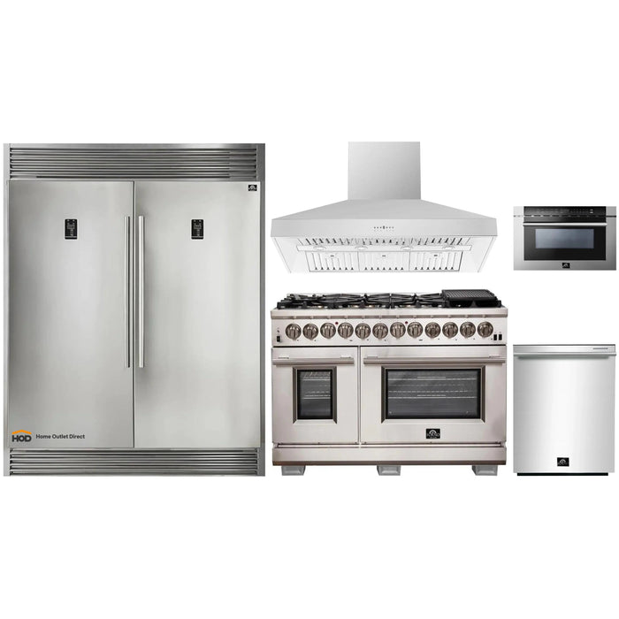 Forno 5-Piece Pro Appliance Package - 48-Inch Dual Fuel Range, 56-Inch Pro-Style Refrigerator, Wall Mount Hood, Microwave Drawer, & 3-Rack Dishwasher in Stainless Steel FORNO