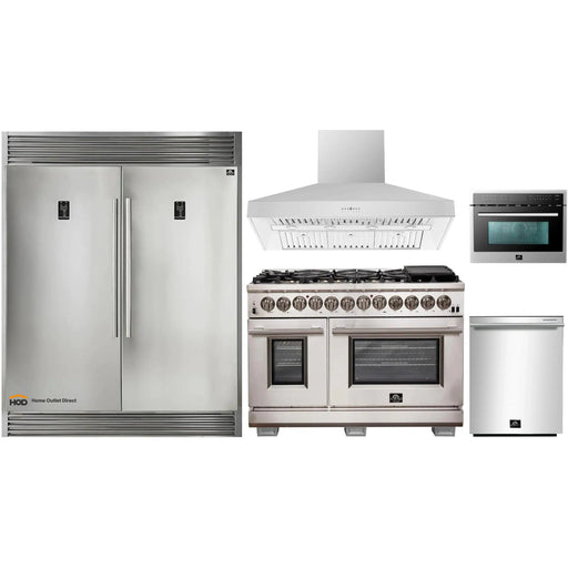 Forno 5-Piece Pro Appliance Package - 48-Inch Dual Fuel Range, 56-Inch Pro-Style Refrigerator, Wall Mount Hood, Microwave Oven, & 3-Rack Dishwasher in Stainless Steel FORNO
