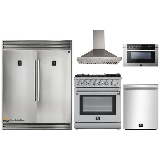 Forno 5-Piece Appliance Package - 30-Inch Dual Fuel Range with Air Fryer, 56-Inch Pro-Style Refrigerator, Wall Mount Hood, Microwave Drawer, & 3-Rack Dishwasher in Stainless Steel FORNO