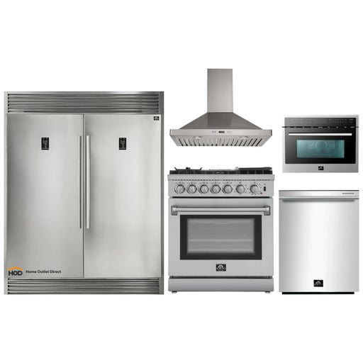 Forno 5-Piece Appliance Package - 30-Inch Dual Fuel Range with Air Fryer, 56-Inch Pro-Style Refrigerator, Wall Mount Hood, Microwave Oven, & 3-Rack Dishwasher in Stainless Steel FORNO