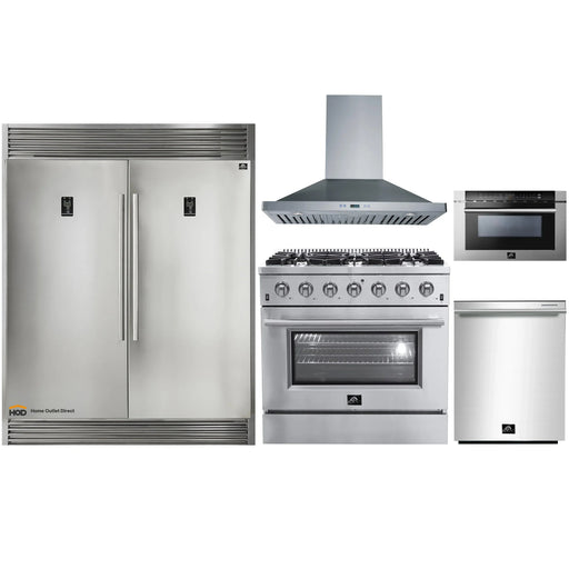 Forno 5-Piece Appliance Package - 36-Inch Gas Range, 56-Inch Pro-Style Refrigerator, Wall Mount Hood, Microwave Drawer, & 3-Rack Dishwasher in Stainless Steel FORNO