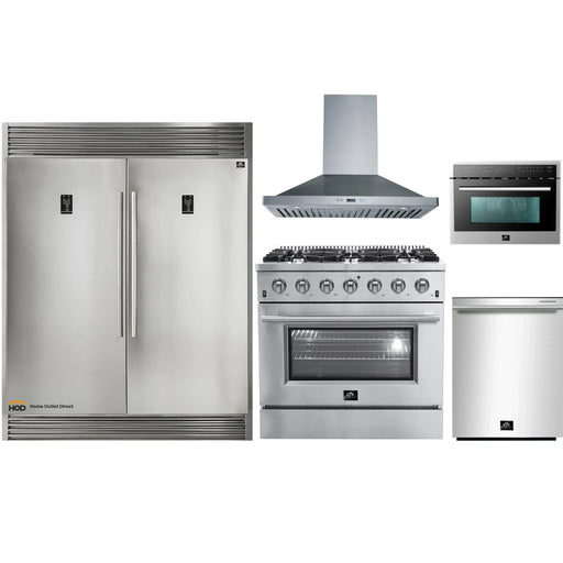 Forno 5-Piece Appliance Package - 36-Inch Gas Range, 56-Inch Pro-Style Refrigerator, Wall Mount Hood, Microwave Oven, & 3-Rack Dishwasher in Stainless Steel FORNO
