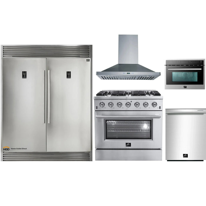 Forno 5-Piece Appliance Package - 36-Inch Gas Range, 56-Inch Pro-Style Refrigerator, Wall Mount Hood, Microwave Oven, & 3-Rack Dishwasher in Stainless Steel FORNO