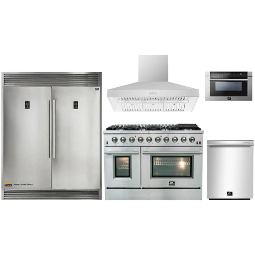 Forno 5-Piece Appliance Package - 48-Inch Gas Range, 56-Inch Pro-Style Refrigerator, Wall Mount Hood, Microwave Drawer, & 3-Rack Dishwasher in Stainless Steel FORNO