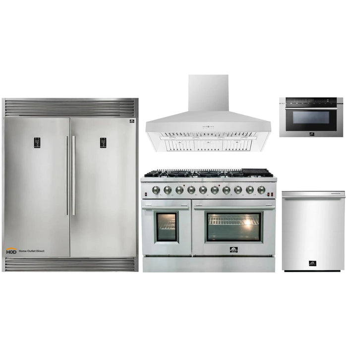 Forno 5-Piece Appliance Package - 48-Inch Gas Range, 56-Inch Pro-Style Refrigerator, Wall Mount Hood, Microwave Drawer, & 3-Rack Dishwasher in Stainless Steel FORNO