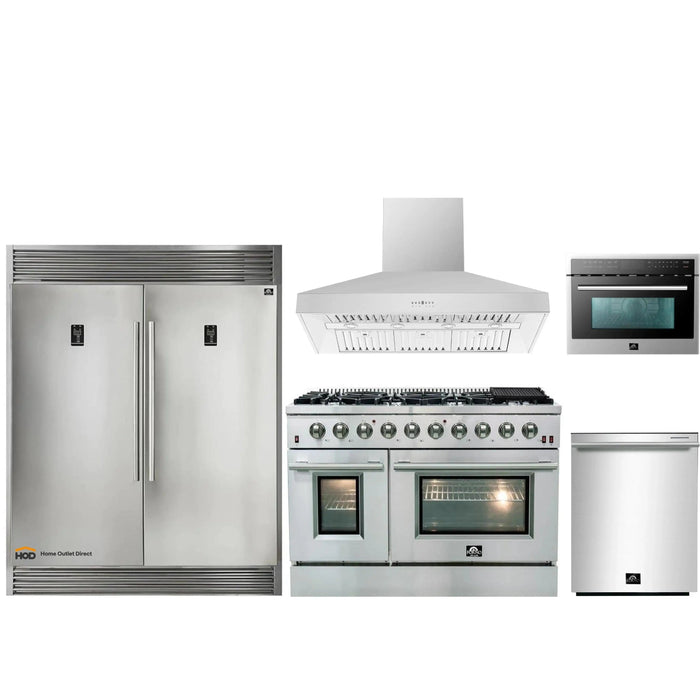 Forno 5-Piece Appliance Package - 48-Inch Gas Range, 56-Inch Pro-Style Refrigerator, Wall Mount Hood, Microwave Oven, & 3-Rack Dishwasher in Stainless Steel FORNO