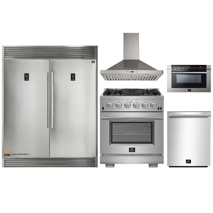 Forno 5-Piece Pro Appliance Package - 30-Inch Gas Range, 56-Inch Pro-Style Refrigerator, Wall Mount Hood, Microwave Drawer, & 3-Rack Dishwasher in Stainless Steel FORNO