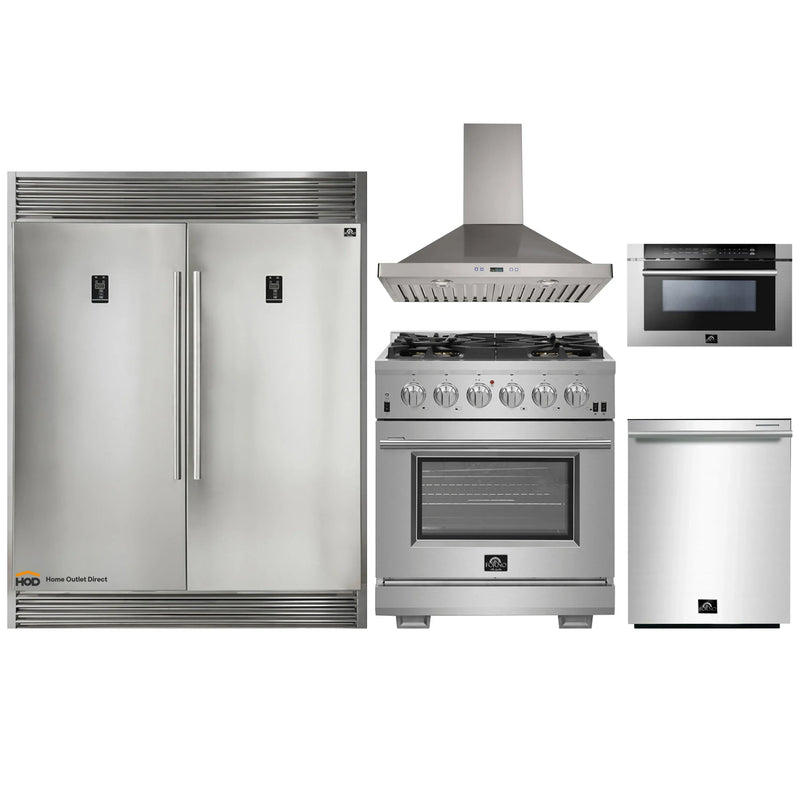 Forno 5-Piece Pro Appliance Package - 30-Inch Gas Range, 56-Inch Pro-Style Refrigerator, Wall Mount Hood, Microwave Drawer, & 3-Rack Dishwasher in Stainless Steel
