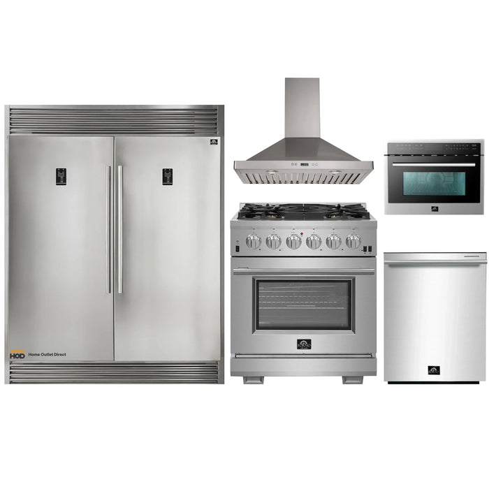 Forno 5-Piece Pro Appliance Package - 30-Inch Gas Range, 56-Inch Pro-Style Refrigerator, Wall Mount Hood, Microwave Oven, & 3-Rack Dishwasher in Stainless Steel FORNO