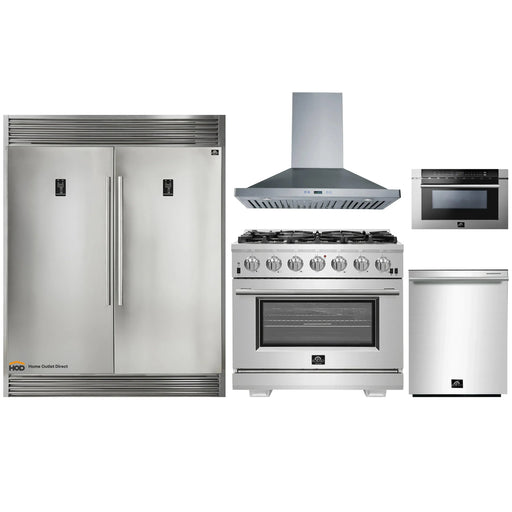 Forno 5-Piece Pro Appliance Package - 36-Inch Gas Range, 56-Inch Pro-Style Refrigerator, Wall Mount Hood, Microwave Drawer, & 3-Rack Dishwasher in Stainless Steel FORNO