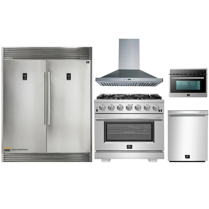 Forno 5-Piece Pro Appliance Package - 36-Inch Gas Range, 56-Inch Pro-Style Refrigerator, Wall Mount Hood, Microwave Oven, & 3-Rack Dishwasher in Stainless Steel