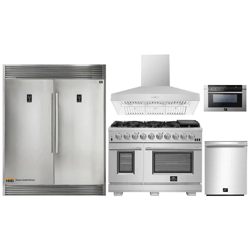 Forno 5-Piece Pro Appliance Package - 48-Inch Gas Range, 56-Inch Pro-Style Refrigerator, Wall Mount Hood, Microwave Drawer, & 3-Rack Dishwasher in Stainless Steel FORNO