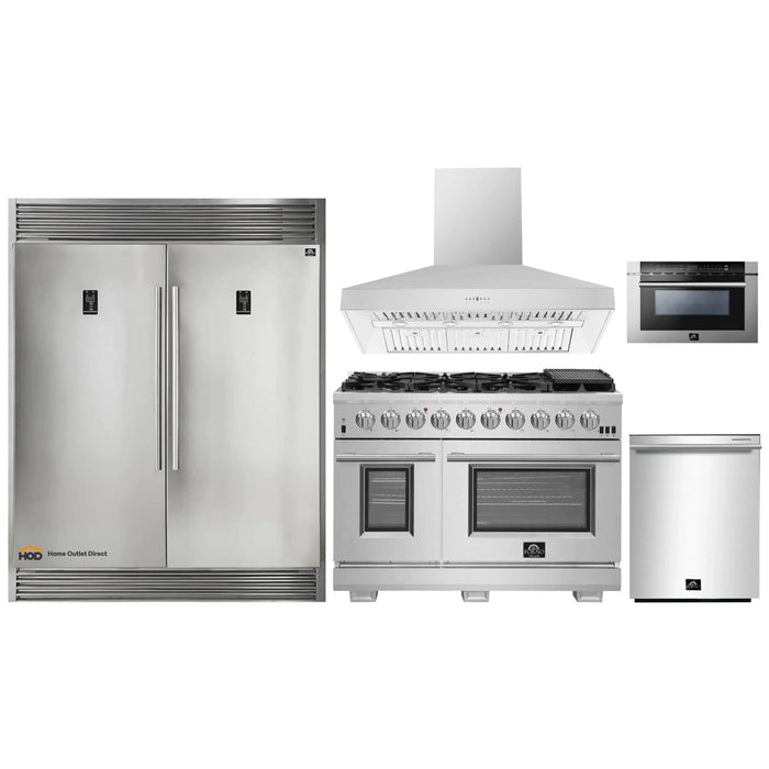 Forno 5-Piece Pro Appliance Package - 48-Inch Gas Range, 56-Inch Pro-Style Refrigerator, Wall Mount Hood, Microwave Drawer, & 3-Rack Dishwasher in Stainless Steel FORNO