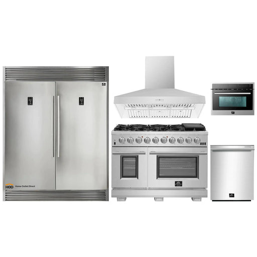 Forno 5-Piece Pro Appliance Package - 48-Inch Gas Range, 56-Inch Pro-Style Refrigerator, Wall Mount Hood, Microwave Oven, & 3-Rack Dishwasher in Stainless Steel FORNO