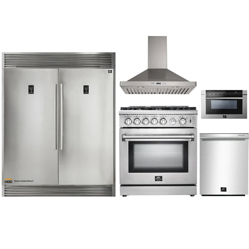Forno 5-Piece Appliance Package - 30-Inch Gas Range, 56-Inch Pro-Style Refrigerator, Wall Mount Hood, Microwave Drawer, & 3-Rack Dishwasher in Stainless Steel FORNO