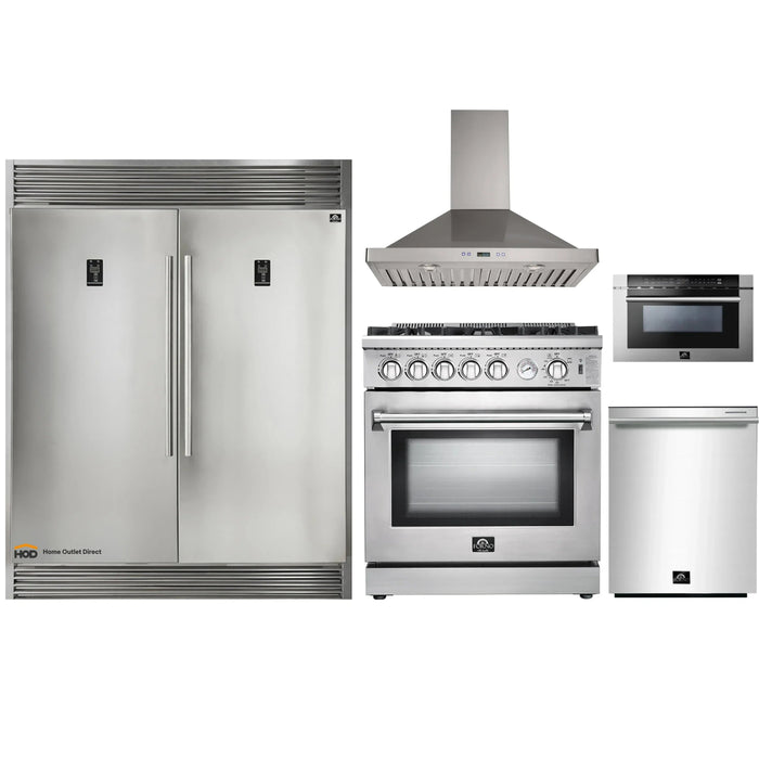 Forno 5-Piece Appliance Package - 30-Inch Gas Range, 56-Inch Pro-Style Refrigerator, Wall Mount Hood, Microwave Drawer, & 3-Rack Dishwasher in Stainless Steel FORNO