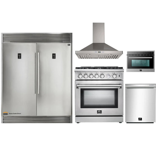 Forno 5-Piece Appliance Package - 30-Inch Gas Range, 56-Inch Pro-Style Refrigerator, Wall Mount Hood, Microwave Oven, & 3-Rack Dishwasher in Stainless Steel FORNO