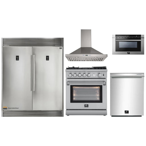Forno 5-Piece Appliance Package - 30-Inch Gas Range with Air Fryer, 56-Inch Pro-Style Refrigerator, Wall Mount Hood, Microwave Drawer, & 3-Rack Dishwasher in Stainless Steel FORNO