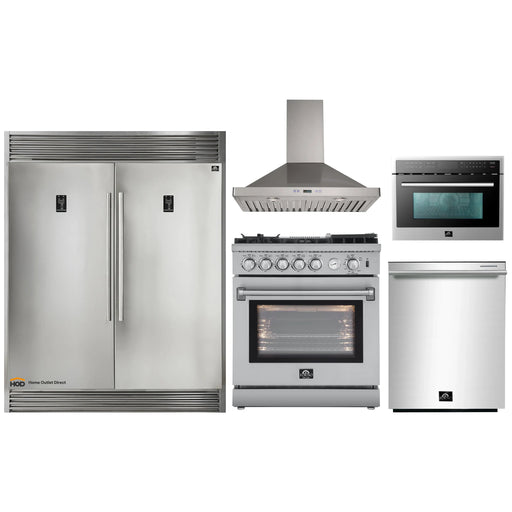 Forno 5-Piece Appliance Package - 30-Inch Gas Range with Air Fryer, 56-Inch Pro-Style Refrigerator, Wall Mount Hood, Microwave Oven, & 3-Rack Dishwasher in Stainless Steel FORNO