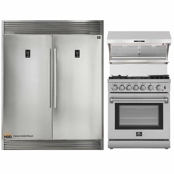 Forno 3-Piece Appliance Package - 30-Inch Dual Fuel Range with Air Fryer, 56-Inch Pro-Style Refrigerator & Wall Mount Hood with Backsplash in Stainless Steel FORNO
