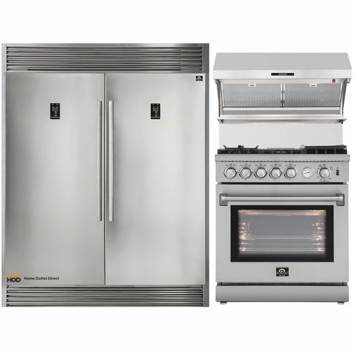 Forno 3-Piece Appliance Package - 30-Inch Gas Range with Air Fryer, 56-Inch Pro-Style Refrigerator & Wall Mount Hood with Backsplash in Stainless Steel FORNO