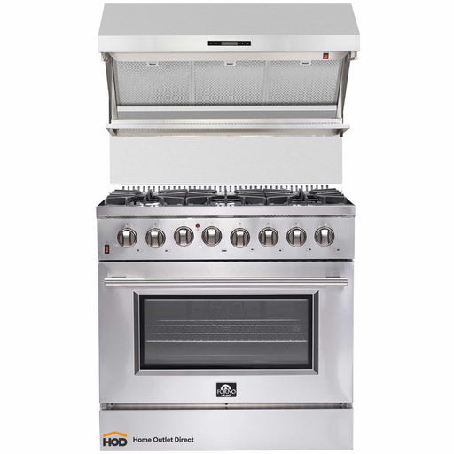 Forno 2-Piece Appliance Package - 36-Inch Dual Fuel Range & Wall Mount Hood with Backsplash in Stainless Steel FORNO