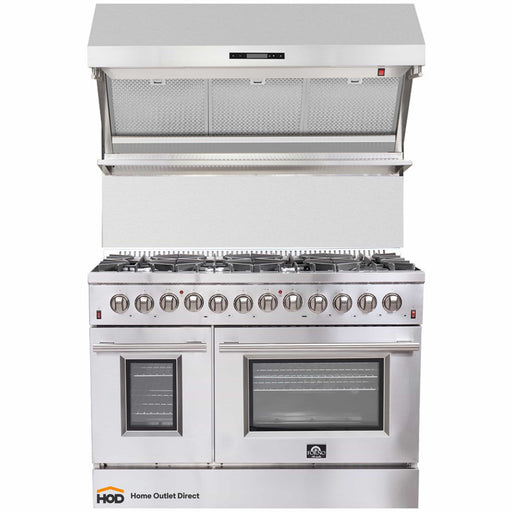 Forno 2-Piece Appliance Package - 48-Inch Dual Fuel Range & Wall Mount Hood with Backsplash in Stainless Steel FORNO