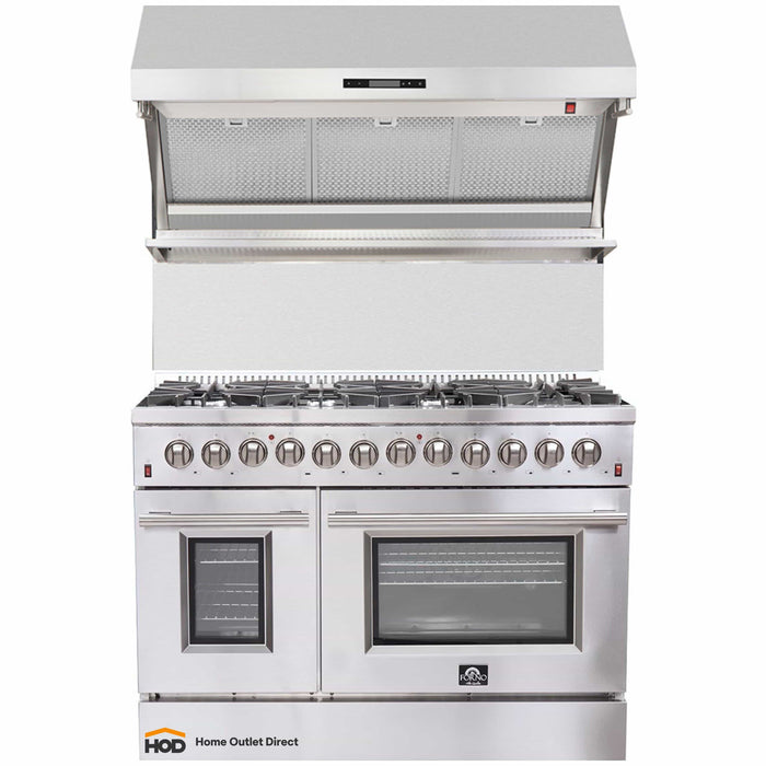 Forno 2-Piece Appliance Package - 48-Inch Dual Fuel Range & Wall Mount Hood with Backsplash in Stainless Steel FORNO