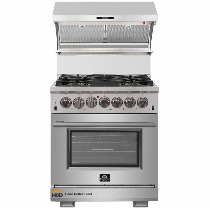 Forno 2-Piece Pro Appliance Package - 30-Inch Dual Fuel Range & Wall Mount Hood with Backsplash in Stainless Steel FORNO