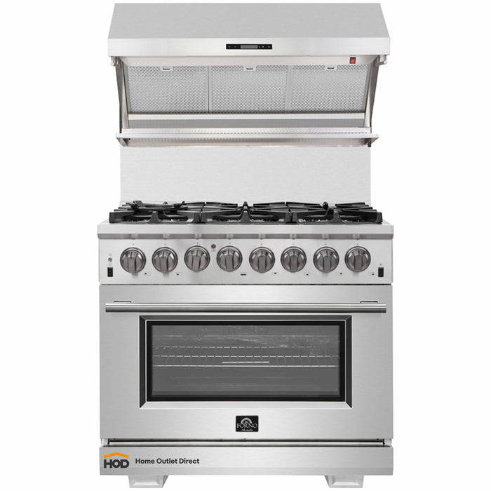Forno 2-Piece Pro Appliance Package - 36-Inch Dual Fuel Range & Wall Mount Hood with Backsplash in Stainless Steel FORNO