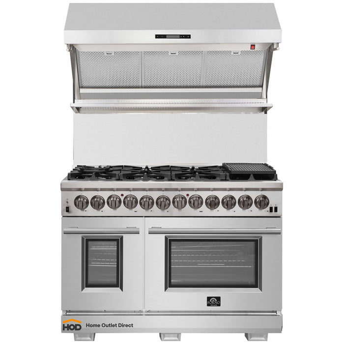 Forno 2-Piece Pro Appliance Package - 48-Inch Dual Fuel Range & Wall Mount Hood with Backsplash in Stainless Steel FORNO