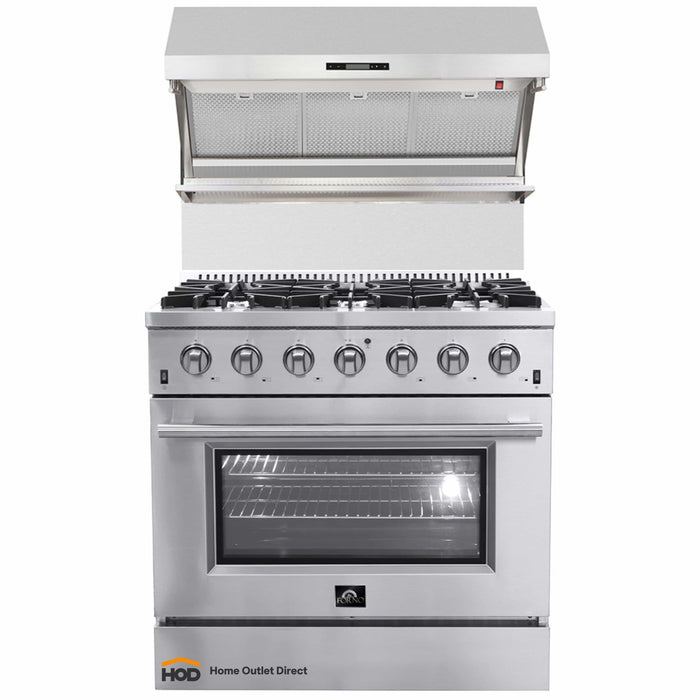 Forno 2-Piece Appliance Package - 36-Inch Gas Range & Wall Mount Hood with Backsplash in Stainless Steel FORNO