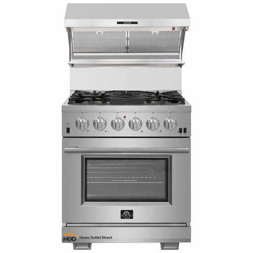 Forno 2-Piece Pro Appliance Package - 30-Inch Gas Range & Wall Mount Hood with Backsplash in Stainless Steel FORNO